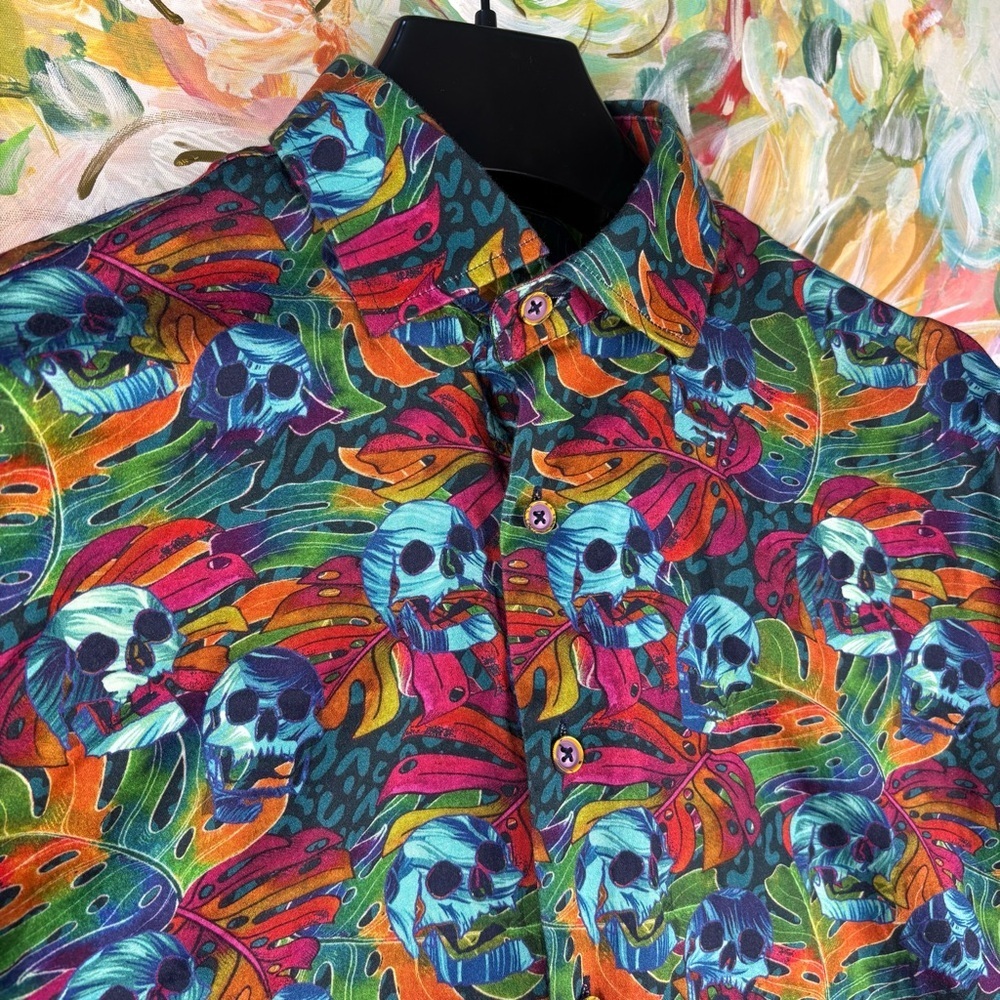 Luchiano Visconti Skull Print Button Down Shirt Small Colorful Cotton - Picture 5 of 9